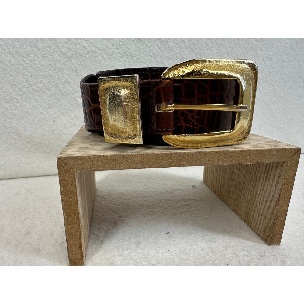 Brown Women's Crococile-Embossed Leather Belt Large Polished Gold Buckle Size SM - Picture 4 of 10